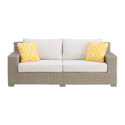 Ollie Sofa - Tan and Olefin White Cream with 2 Yellow Pillows