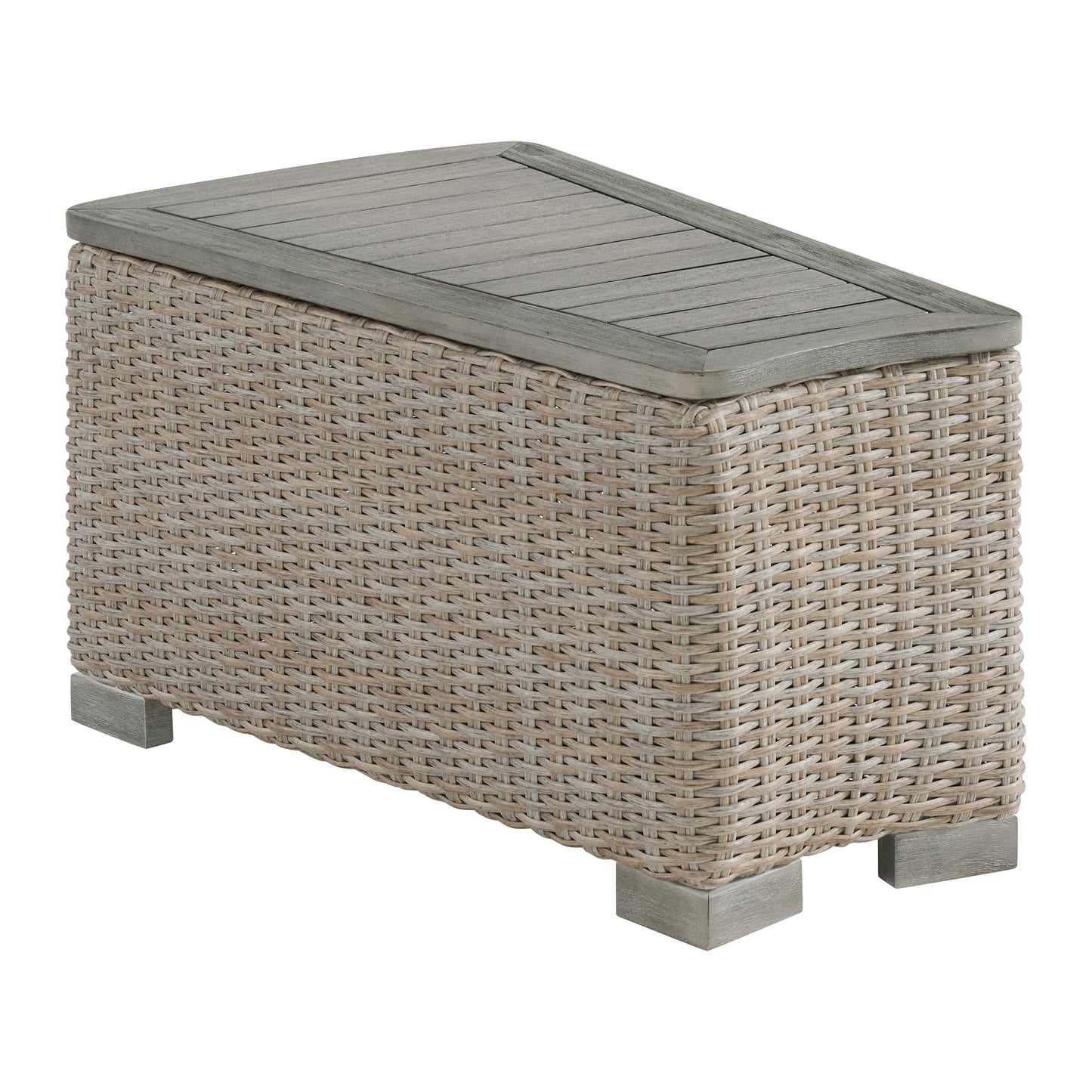 Ollie 4PC Patio Conversation Set in Tan and Olefin White Cream-Curved Loveseat, Two Console & Round Coffee Table