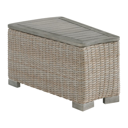 Ollie 4PC Patio Conversation Set in Tan and Olefin White Cream-Curved Loveseat, Two Console & Round Coffee Table