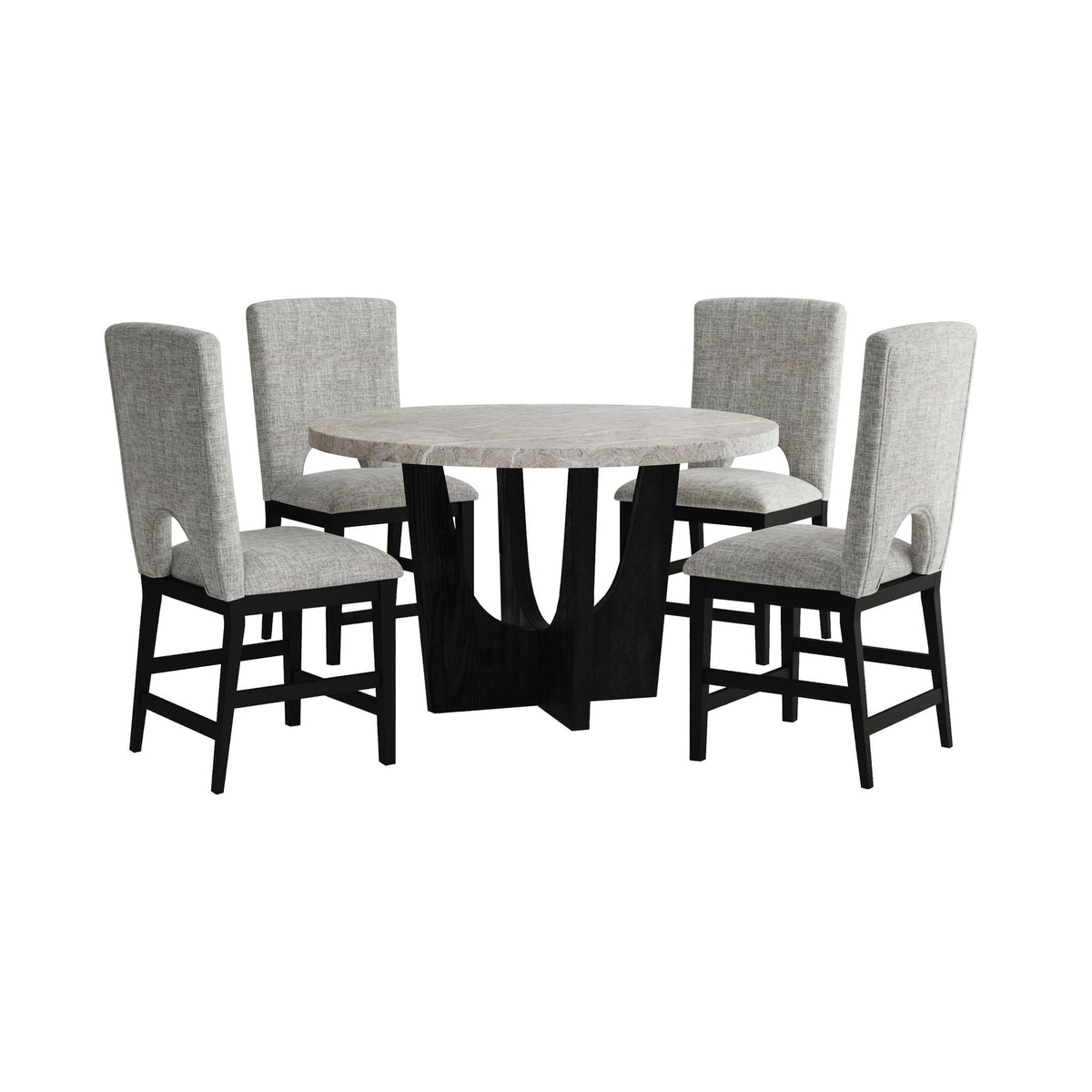 Oregon 5PC Counter Height Dining Set in Black-Round Counter Table with Grey Faux Marble Top and Four Chairs