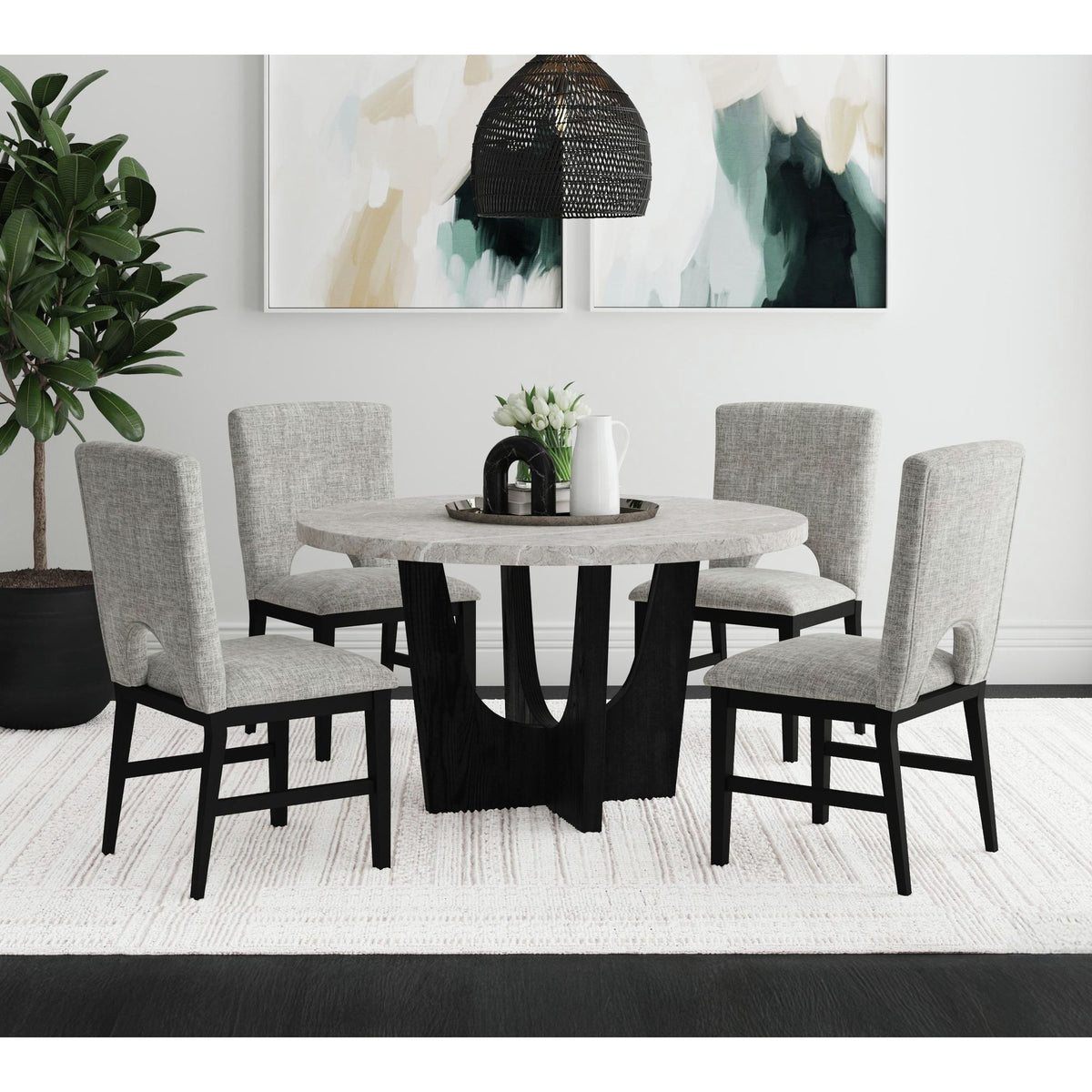 Oregon Round Dining Table with Grey Faux Marble Top in Black