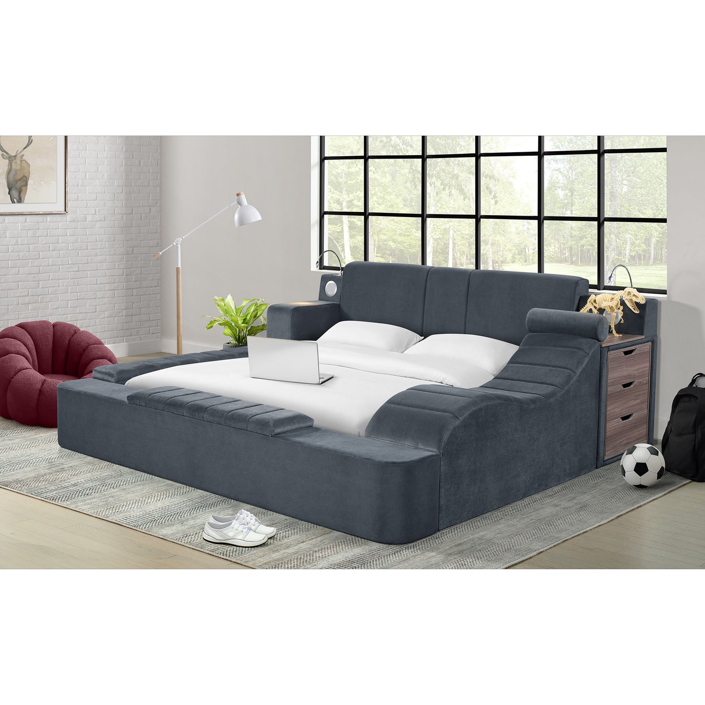 Ottawa Upholstered Transformer Bed with Electronic Features in Grey Linen