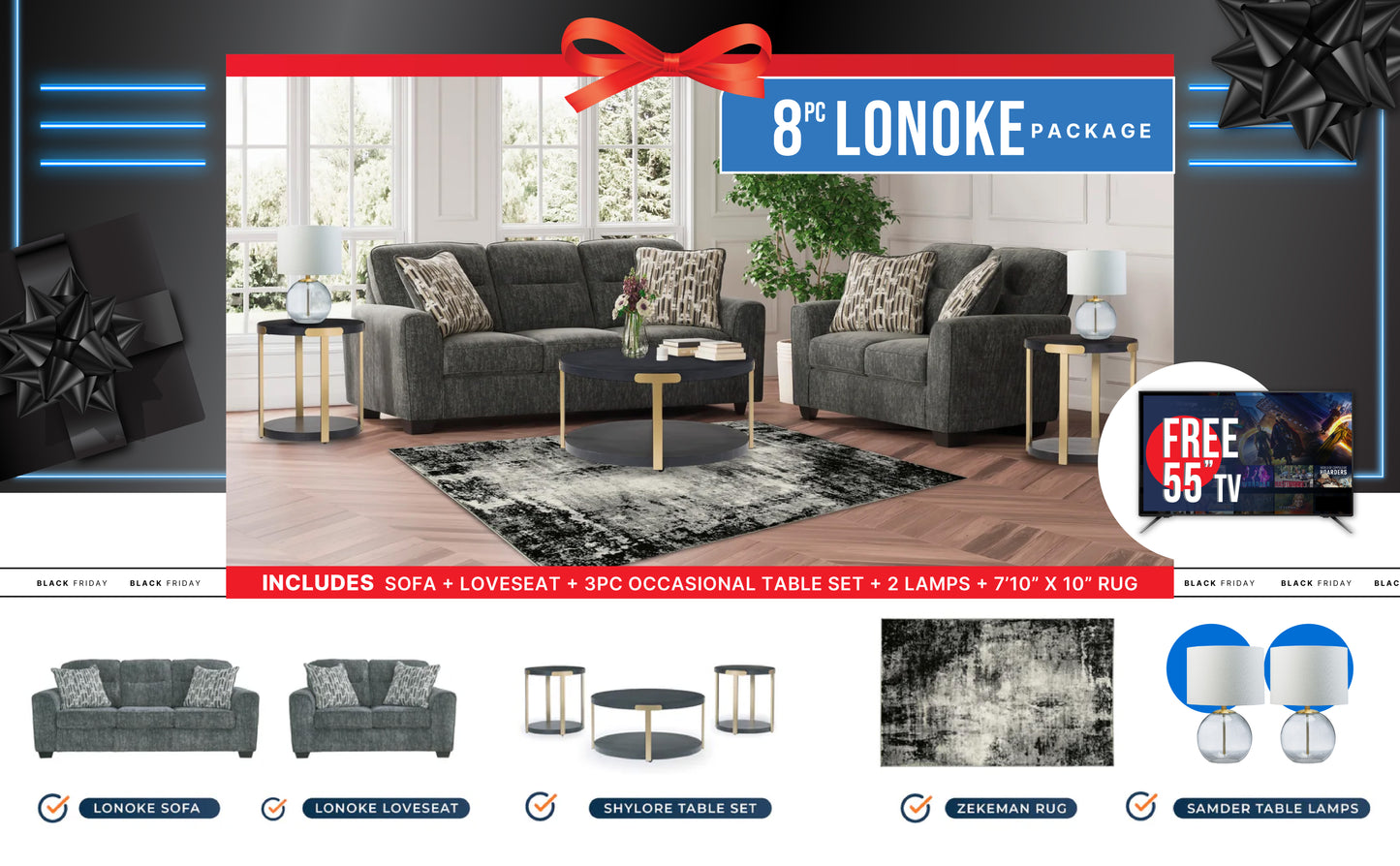 Lonoke Gunmetal 8-Piece Living Room Set + Free TV SMART