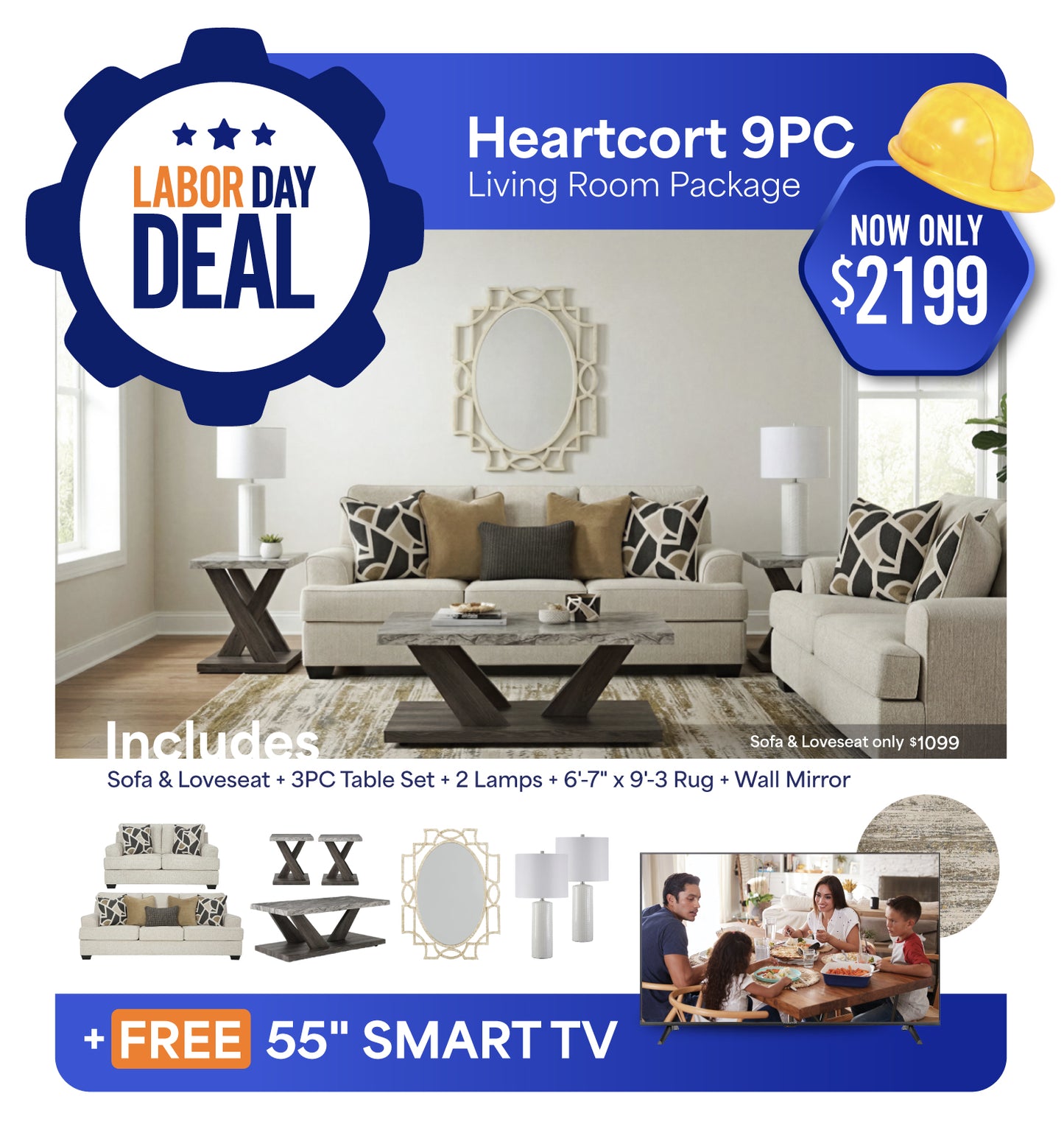 Heartcort Living Room 9PC Package + FREE 55" LED 4K Smart TV