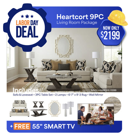 Heartcort Living Room 9PC Package + FREE 55" LED 4K Smart TV