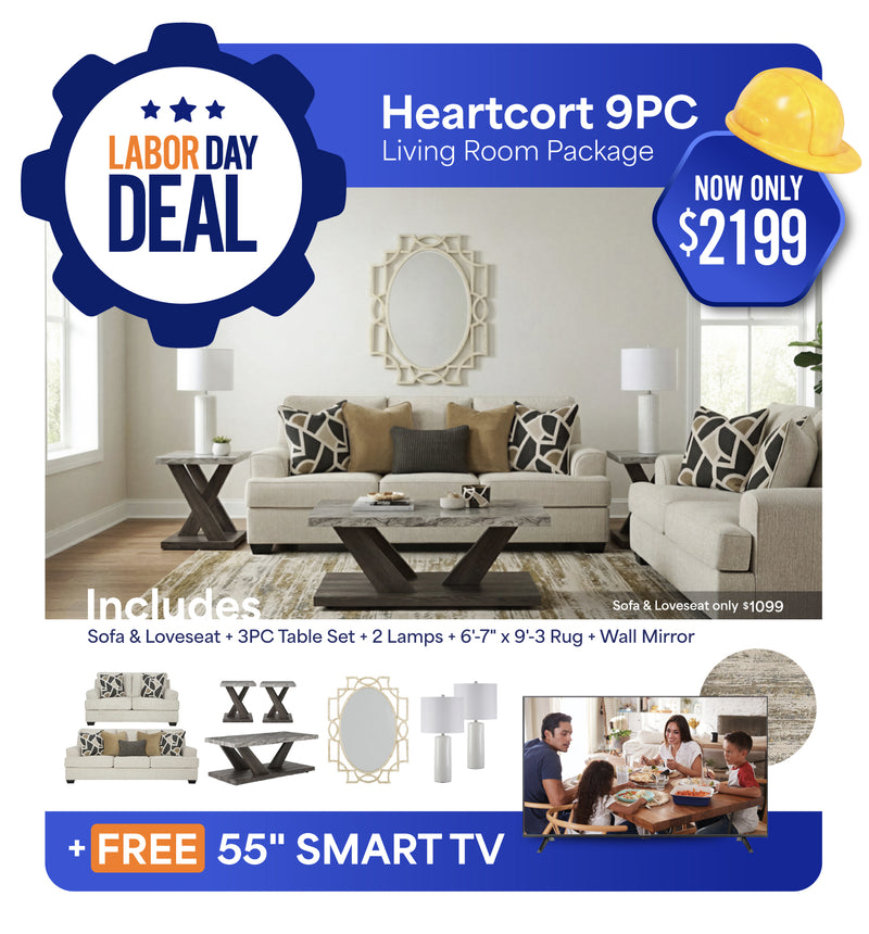 Heartcort Living Room 9PC Package + FREE 55" LED 4K Smart TV