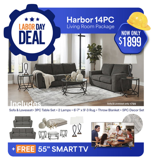 Twin Harbor 14PC Living Room Package + FREE 55" LED 4K Smart TV