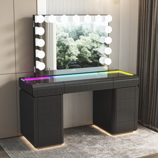 SlayStation® Palazzo Faux Leather Premium Vanity Table w/ RGB Light + Vanity Mirror Bundle