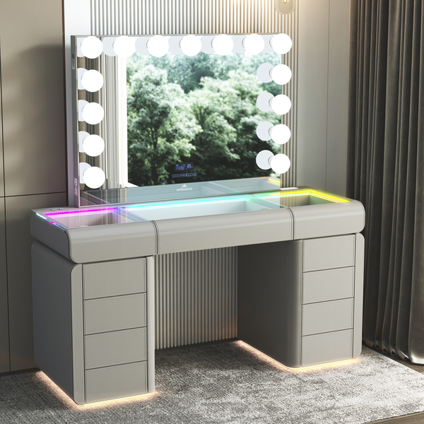 SlayStation® Palazzo Faux Leather Premium Vanity Table w/ RGB Light + Vanity Mirror Bundle