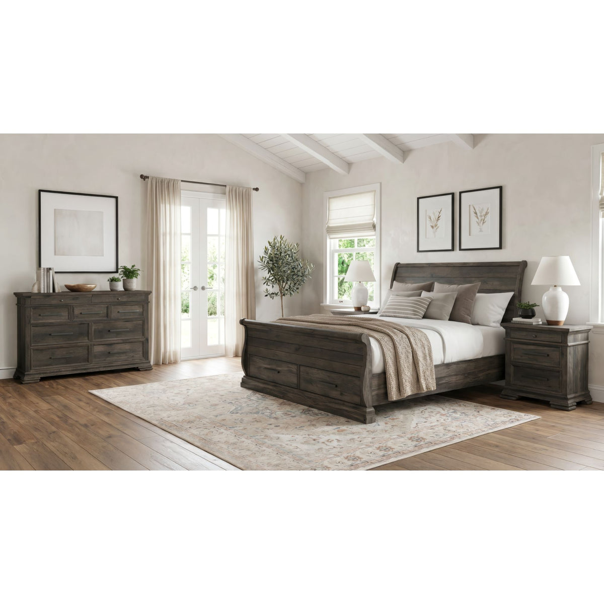 Park Ridge King Sleigh Storage 4PC Bedroom Set with 2 Nightstands & Dresser in Charcoal