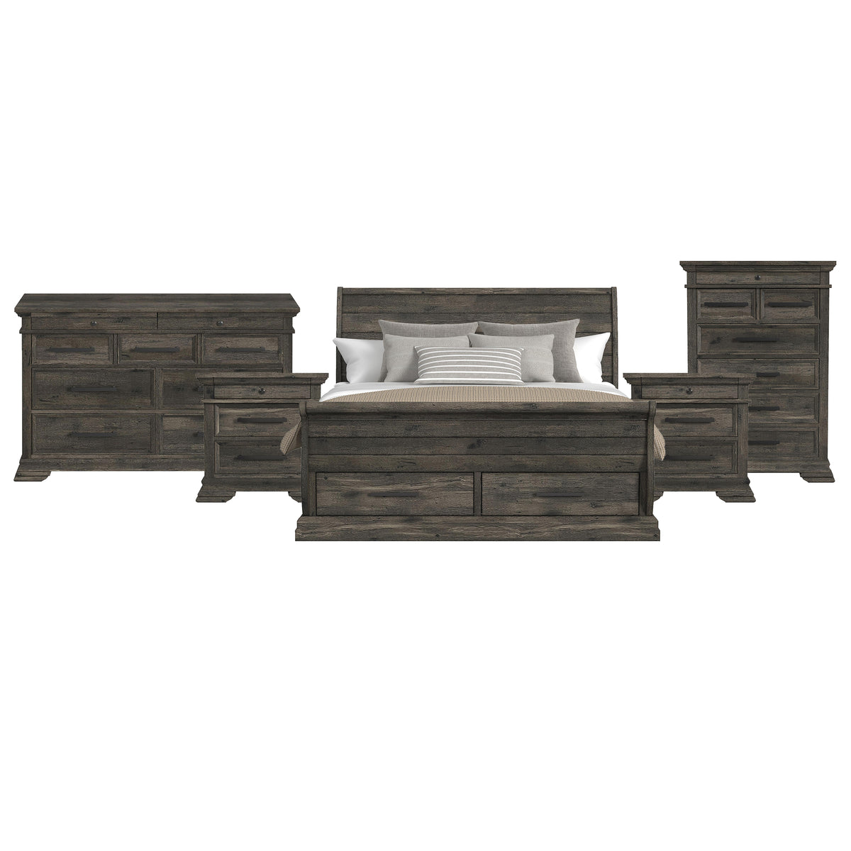 Park Ridge King Sleigh Storage 5PC Bedroom Set with 2 Nightstands, Dresser & Chest in Charcoal