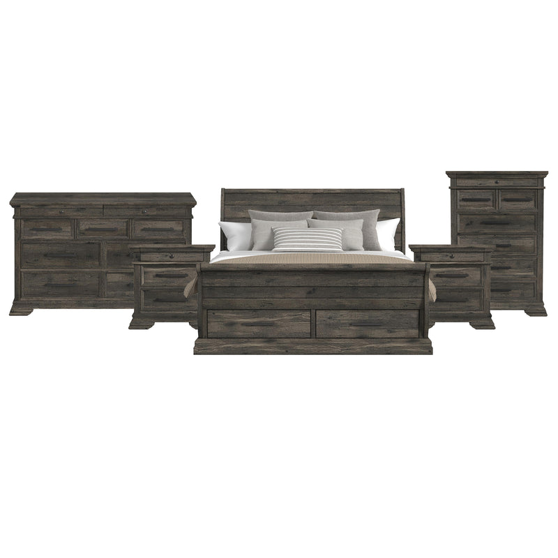 Park Ridge King Sleigh Storage 5PC Bedroom Set with 2 Nightstands, Dresser & Chest in Charcoal