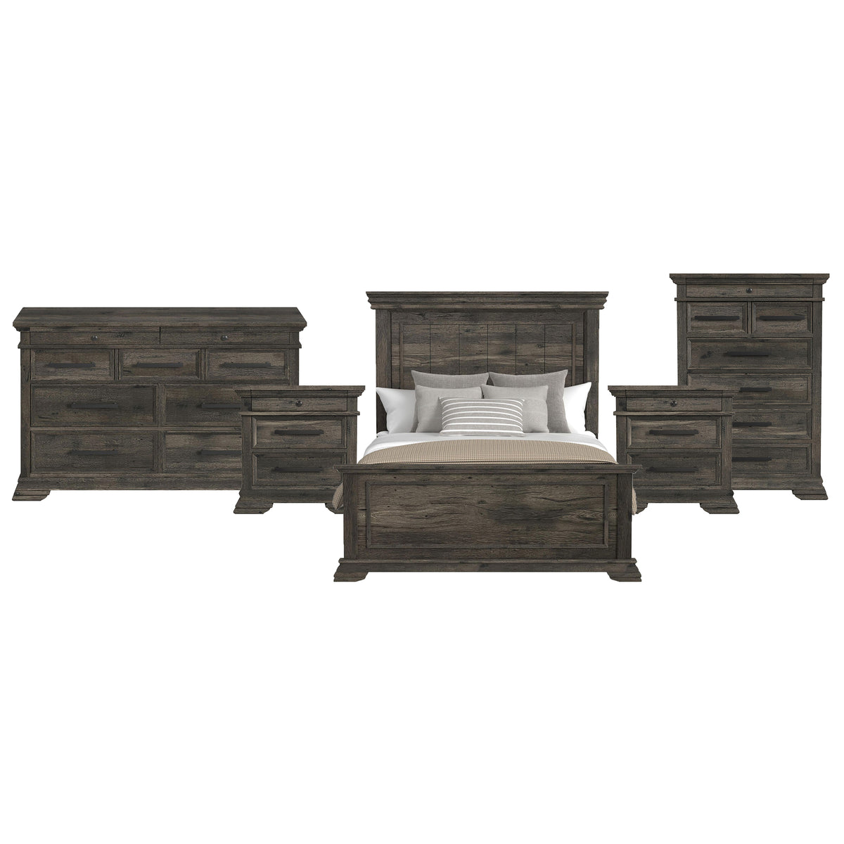 Park Ridge Queen 5PC Bedroom Set with 2 Nightstands, Dresser & Chest in Charcoal