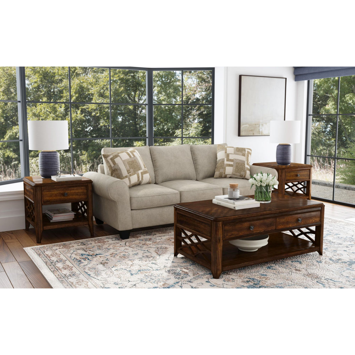 Phillipe 3Pc Occasional Table Set In Cherry-Coffee Table & Two End Table