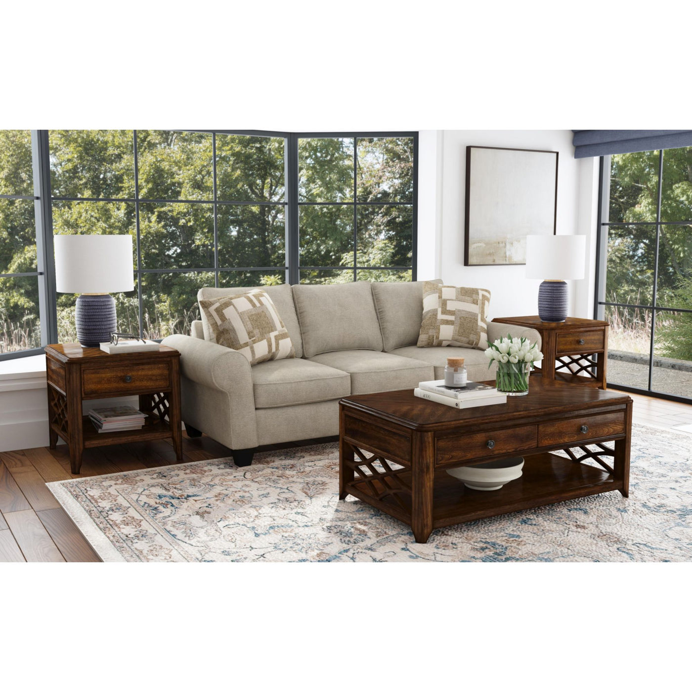 Phillipe 3PC Occasional Table Set in Cherry-Coffee Table & Two End Table