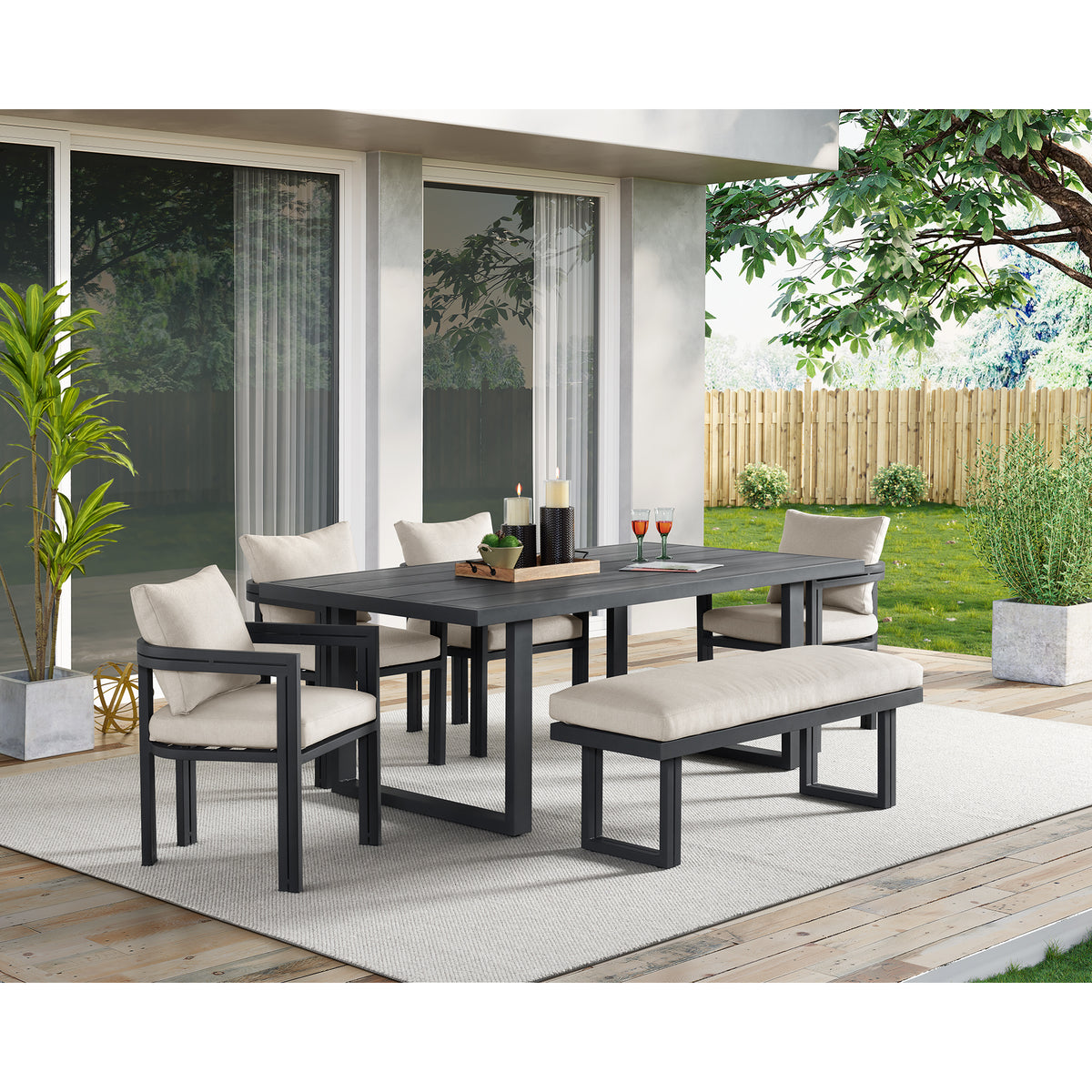 Playa 6Pc Standard Height Dining Set In Dark Grey-Table, Four Chairs And Bench