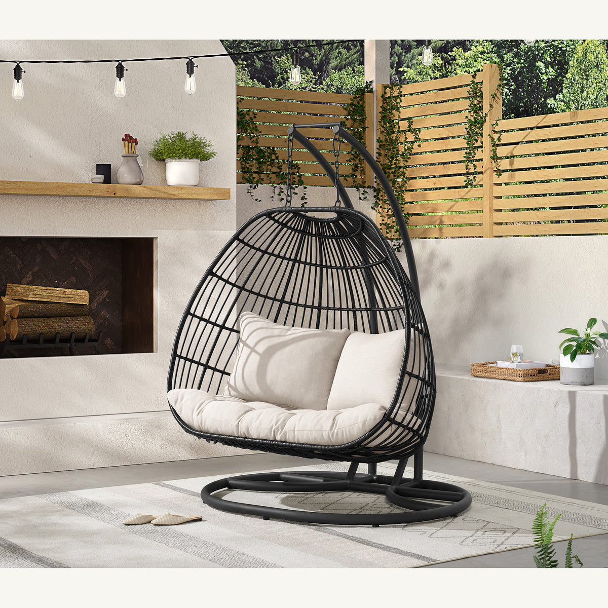 Playa Double Swing Egg Chair Complete - Dark Grey And Olefin Beige