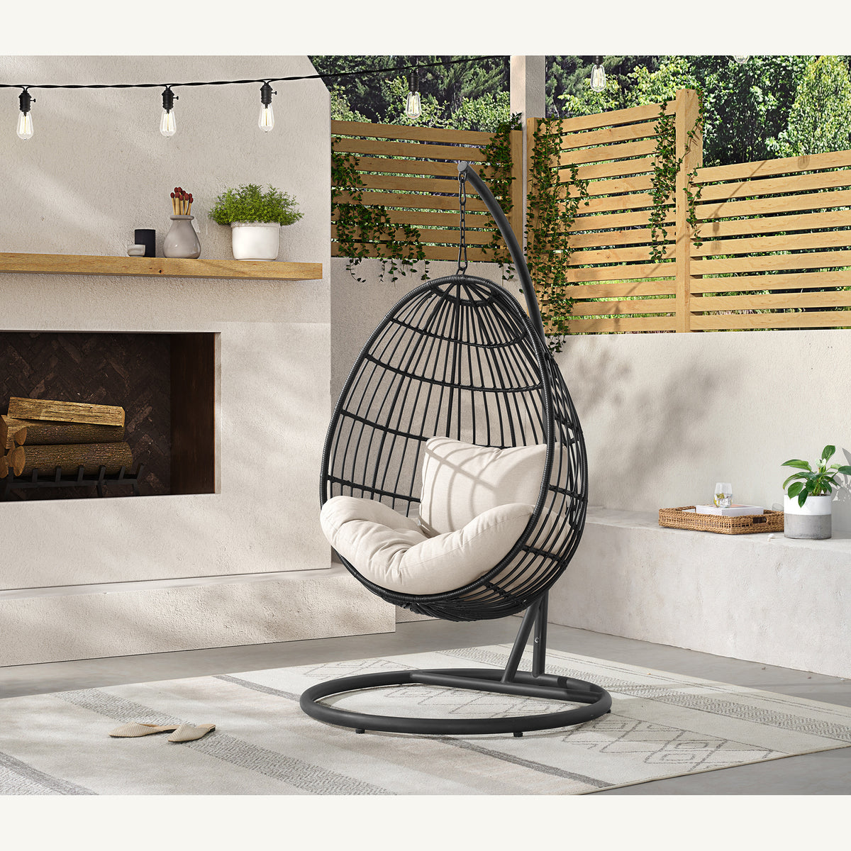 Playa Swing Egg Chair With Base And Pillar - Dark Grey And Olefin Beige