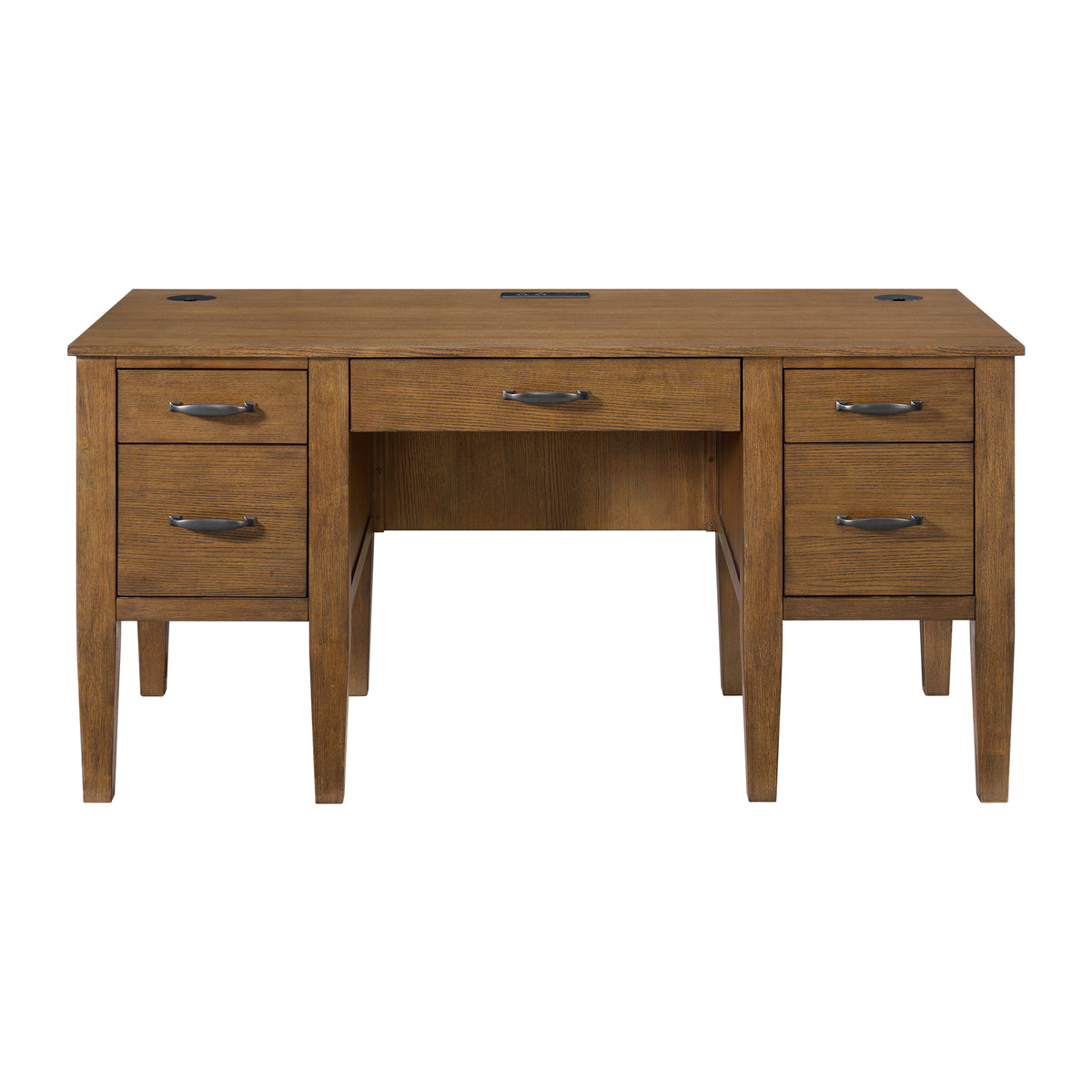 Portico Half Pedestal Desk With Power/Usb In Brown Oak
