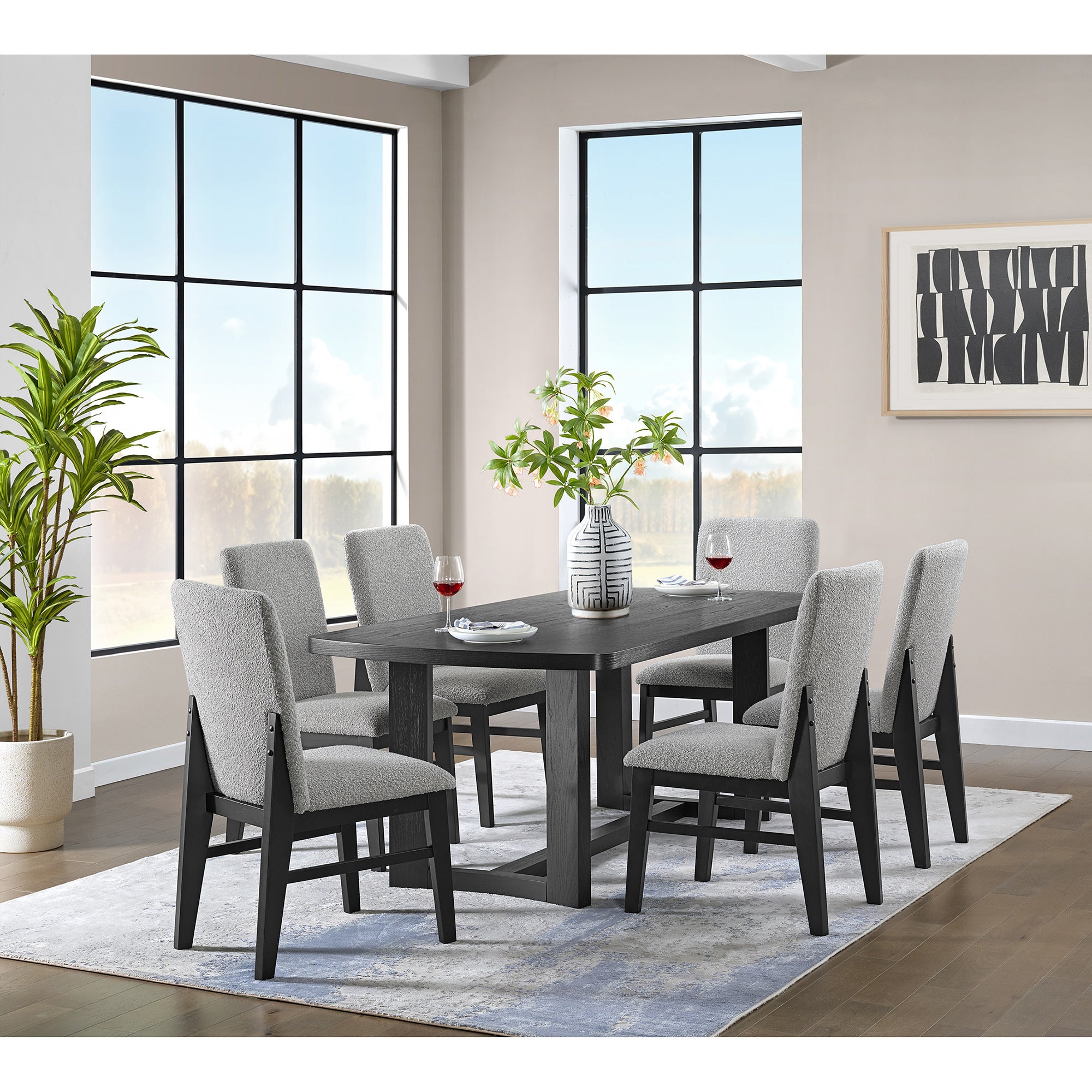 Portland 7PC Standard Height Dining Set in Black-Rectangular Table and Six Chairs