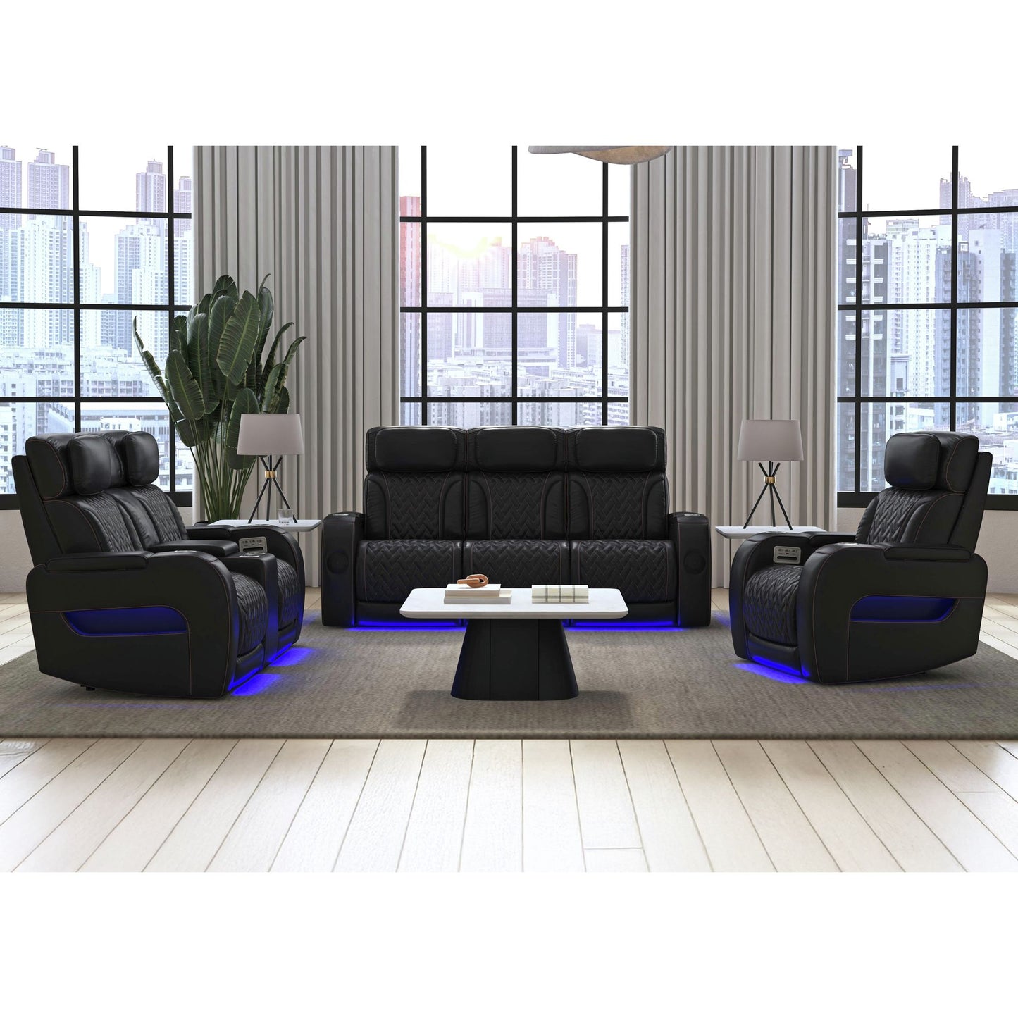 Prime Time  Sofa with I Table, reading light, heat, massage, LED, and speaker in Jett Black with Red Stitching