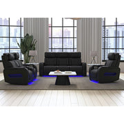 Prime Time  Sofa with I Table, reading light, heat, massage, LED, and speaker in Jett Black with Red Stitching