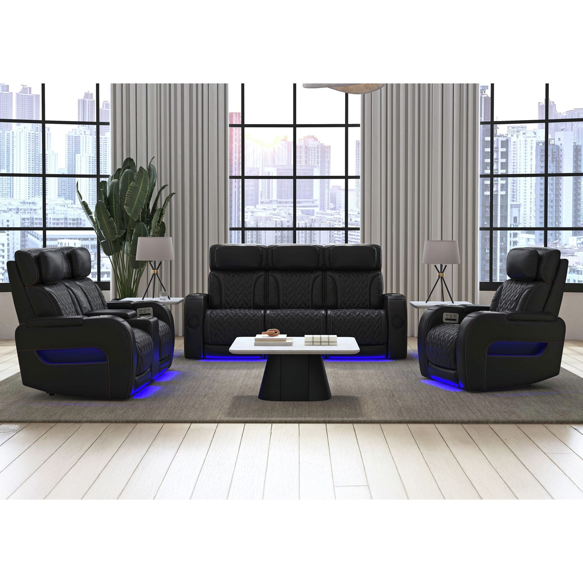 Prime Time  Sofa with I Table, reading light, heat, massage, LED, and speaker in Jett Black with Red Stitching