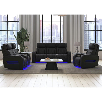 Prime Time  Sofa with I Table, reading light, heat, massage, LED, and speaker in Jett Black with Red Stitching