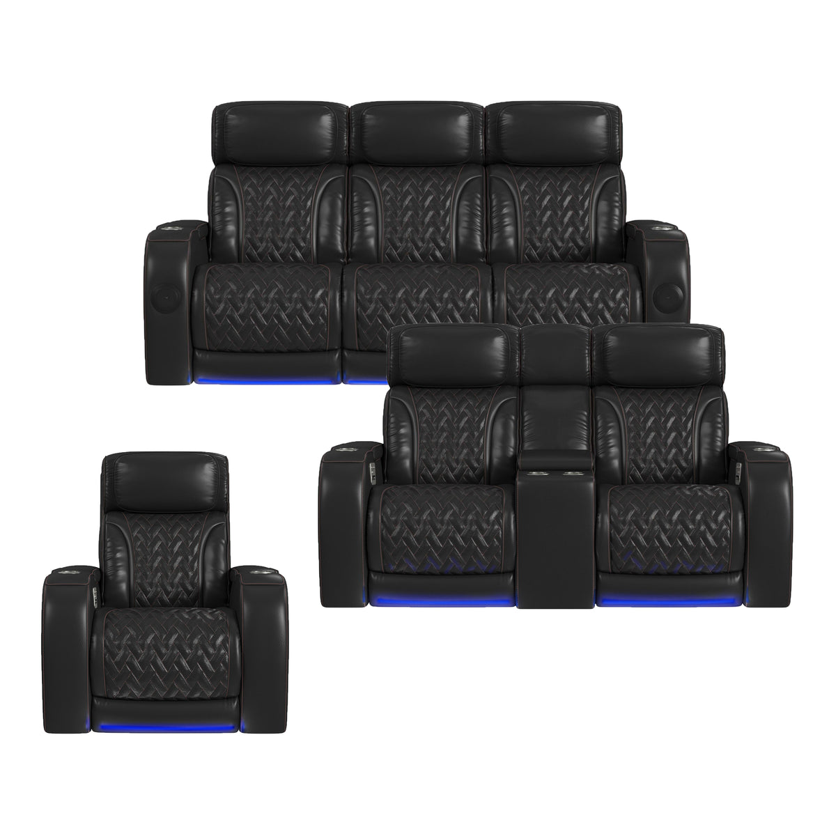 Prime Time P3 3PC Living Room Set in Jett Black with Red Stitching-Sofa, Loveseat & Recliner