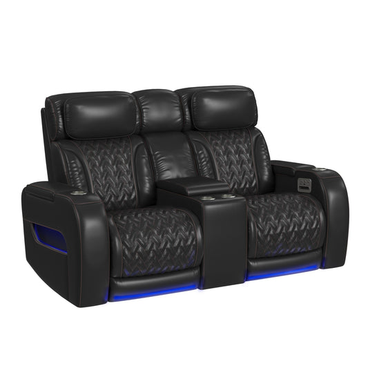 Prime Time P3 Loveseat with LED, wireless charger pocket, and Console in Jett Black with Red Stitching
