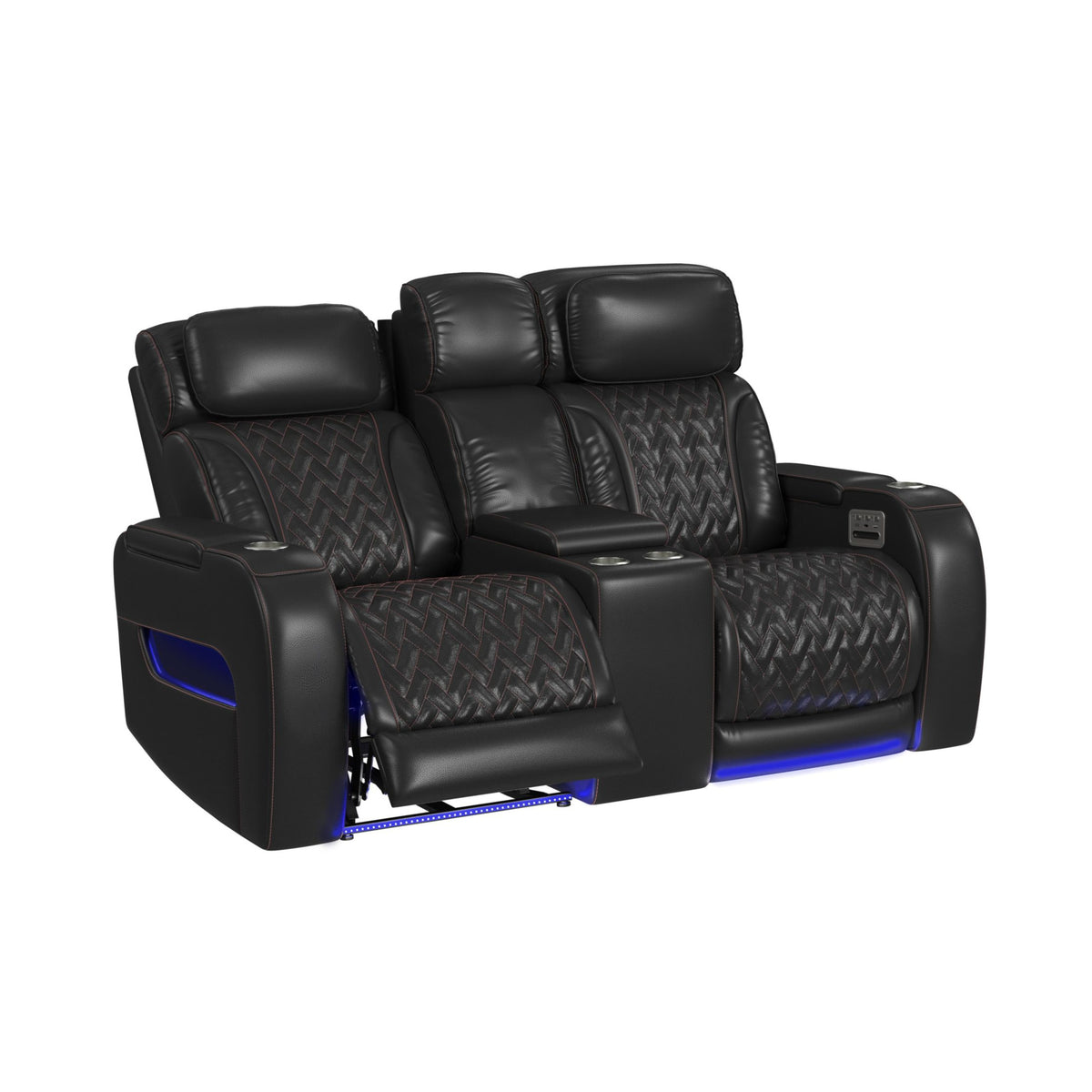 Prime Time P3 3PC Living Room Set in Jett Black with Red Stitching-Sofa, Loveseat & Recliner