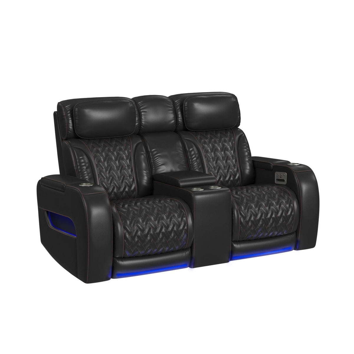 Prime Time P3 3PC Living Room Set in Jett Black with Red Stitching-Sofa, Loveseat & Recliner
