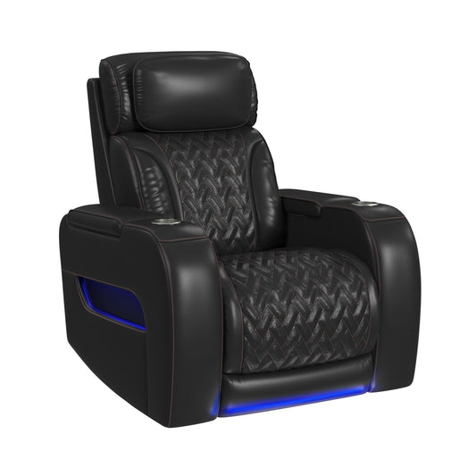 Prime Time  Recliner with LED and wireless charger pocket in Jett Black with Red Stitching