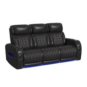 Prime Time  Sofa with I Table, reading light, heat, massage, LED, and speaker in Jett Black with Red Stitching