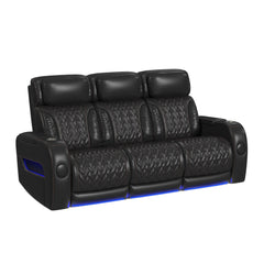 Prime Time  Sofa with I Table, reading light, heat, massage, LED, and speaker in Jett Black with Red Stitching
