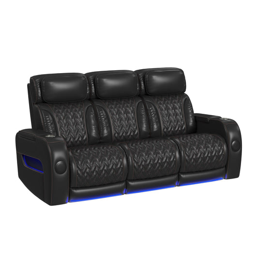 Prime Time P3 Sofa with I Table, reading light, heat, massage, LED, and speaker in Jett Black with Red Stitching
