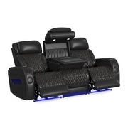 Prime Time  Sofa with I Table, reading light, heat, massage, LED, and speaker in Jett Black with Red Stitching