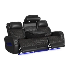 Prime Time  Sofa with I Table, reading light, heat, massage, LED, and speaker in Jett Black with Red Stitching