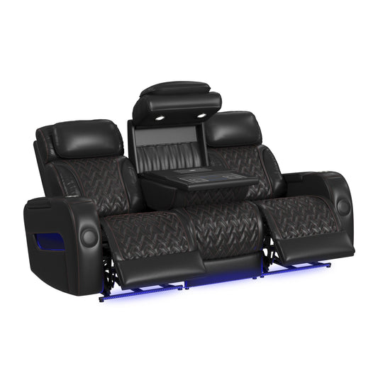 Prime Time P3 Sofa with I Table, reading light, heat, massage, LED, and speaker in Jett Black with Red Stitching