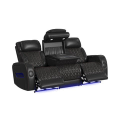 Prime Time P3 3PC Living Room Set in Jett Black with Red Stitching-Sofa, Loveseat & Recliner