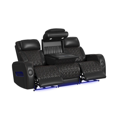 Prime Time P3 3PC Living Room Set in Jett Black with Red Stitching-Sofa, Loveseat & Recliner
