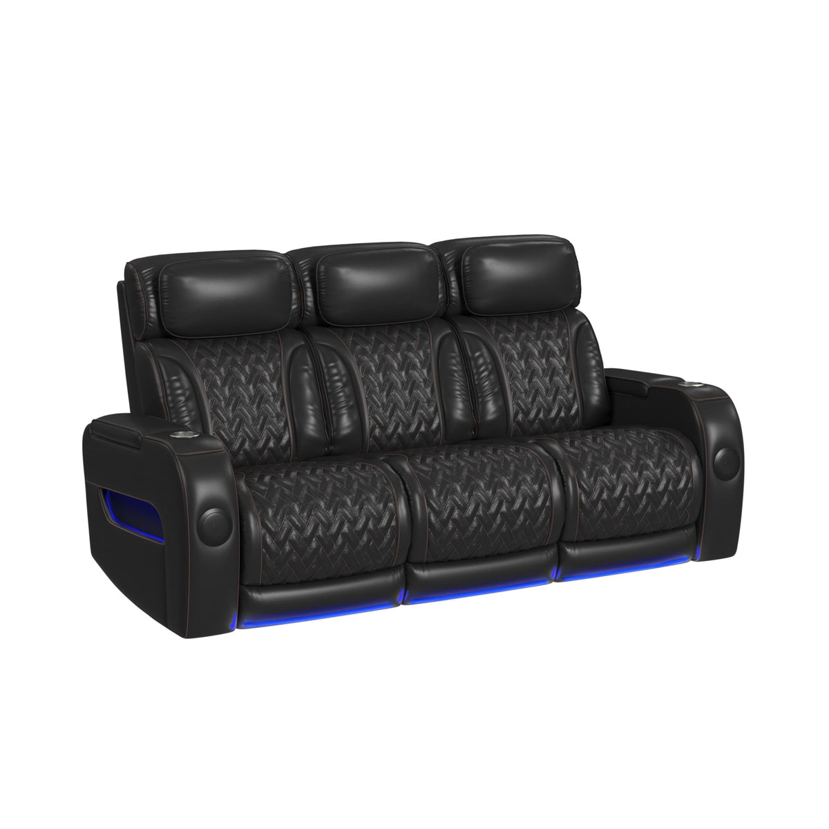Prime Time P3 3PC Living Room Set in Jett Black with Red Stitching-Sofa, Loveseat & Recliner