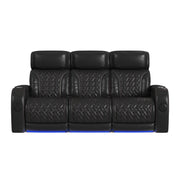 Prime Time  Sofa with I Table, reading light, heat, massage, LED, and speaker in Jett Black with Red Stitching