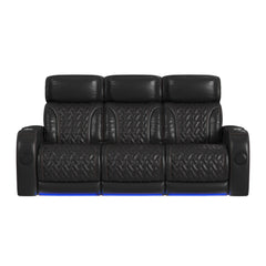 Prime Time  Sofa with I Table, reading light, heat, massage, LED, and speaker in Jett Black with Red Stitching