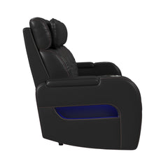 Prime Time  Sofa with I Table, reading light, heat, massage, LED, and speaker in Jett Black with Red Stitching