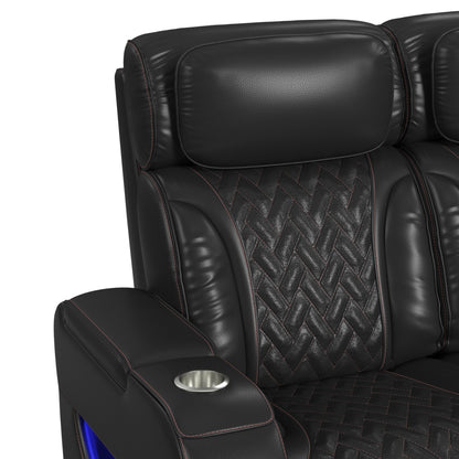 Prime Time P3 3PC Living Room Set in Jett Black with Red Stitching-Sofa, Loveseat & Recliner