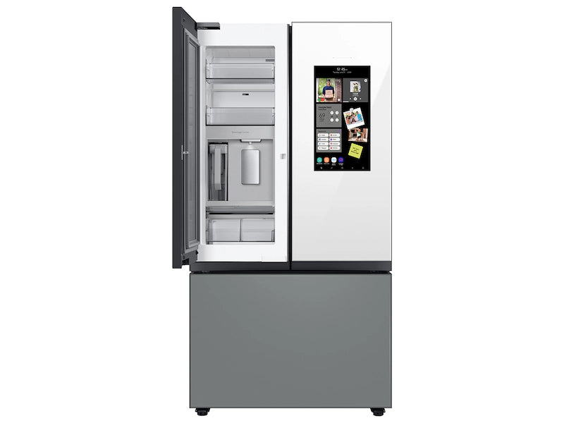 Bespoke 3-Door French Door Refrigerator (24 cu. ft.) – with Top Left and Family Hub™ Panel in White Glass - and Matte Grey Glass Bottom Door Panel