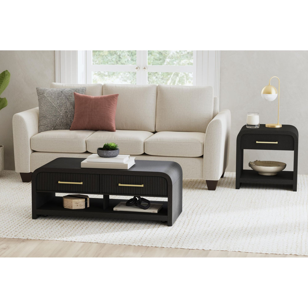 Ridgemont 2Pc Occasional Table Set In Black With Grain-Coffee Table & End Table