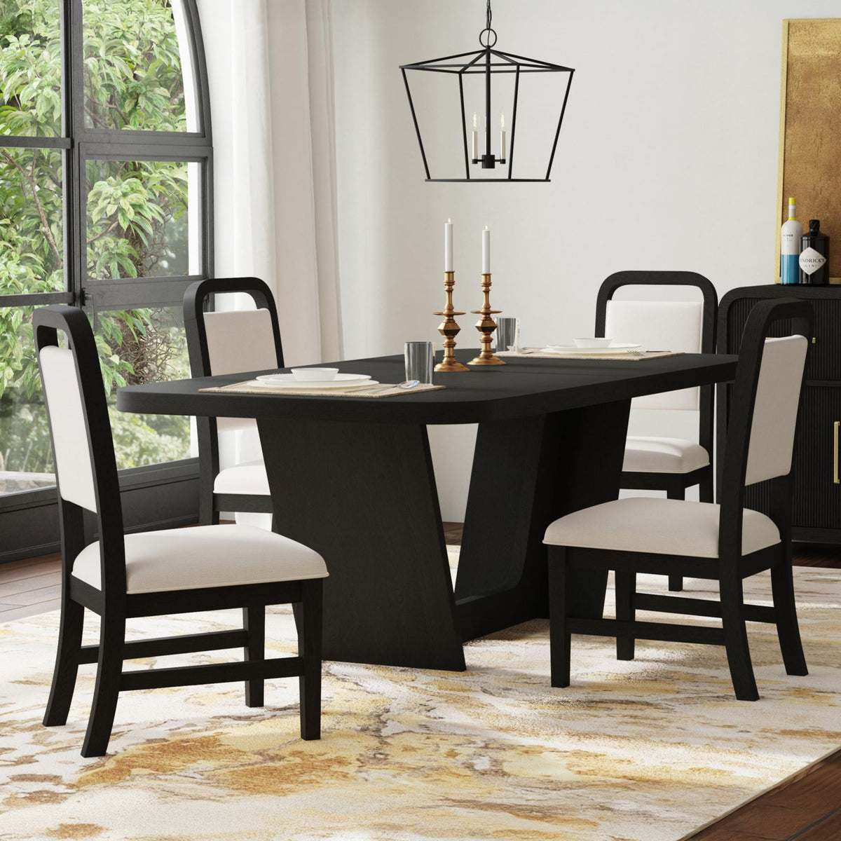 Ridgemont 5Pc Standard Height Dining Set In Black With Grain-Table And Four White Fabric Chairs