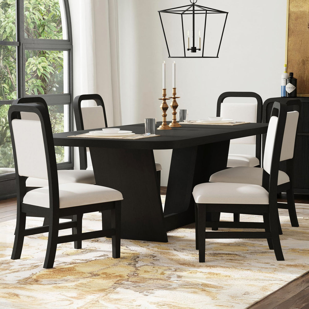 Ridgemont 7Pc Standard Height Dining Set In Black With Grain-Table And Six White Fabric Chairs